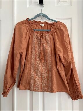Easel Embroidered Boho rust and cream Peasant Blouse Women's Top Size small